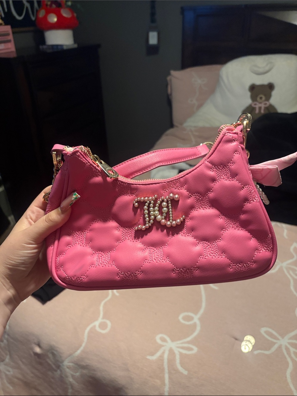 Pink Quilted Pearl-Embellished Shoulder Bag